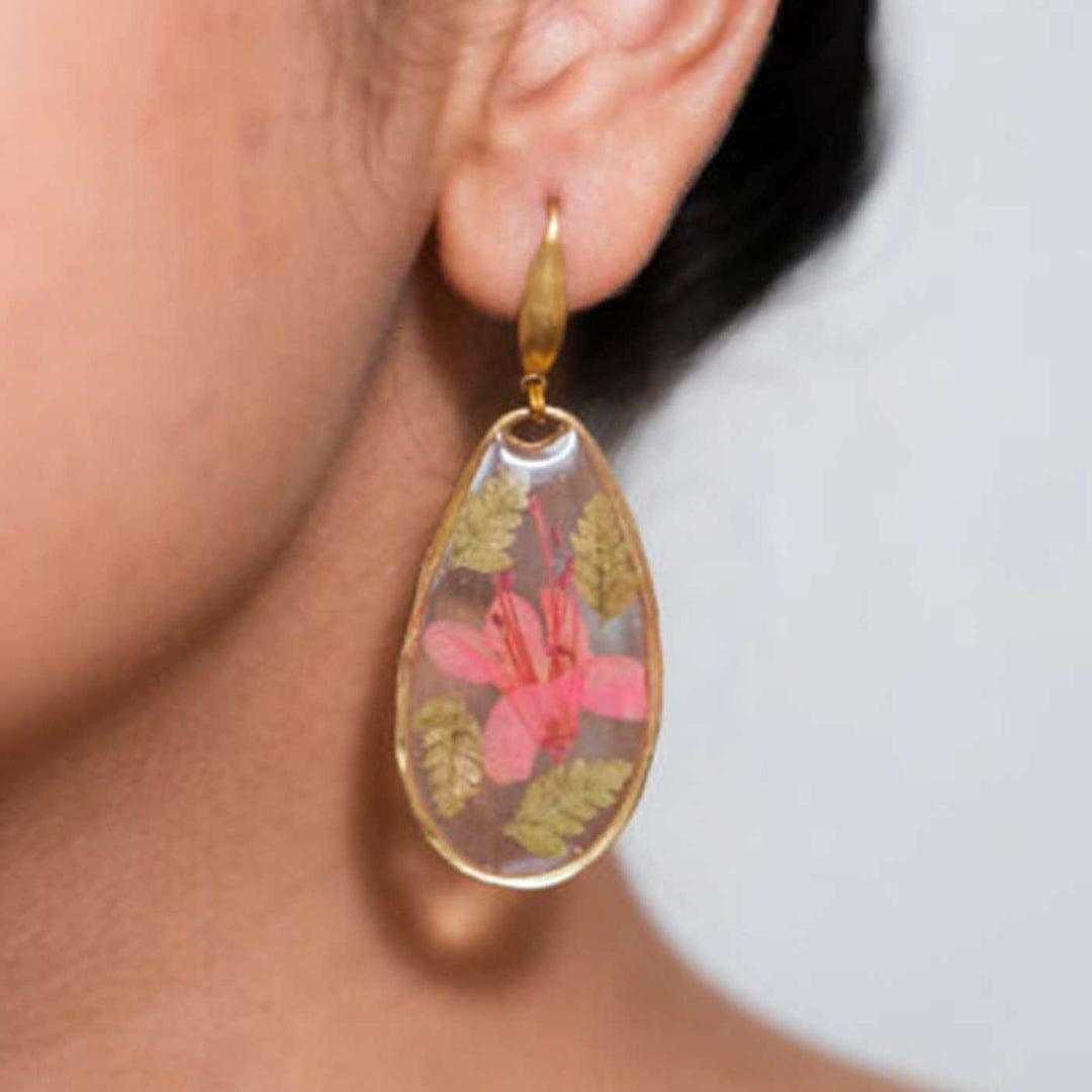 Handmade Preserved Flower Himalayan Rhododendron Brass Earrings