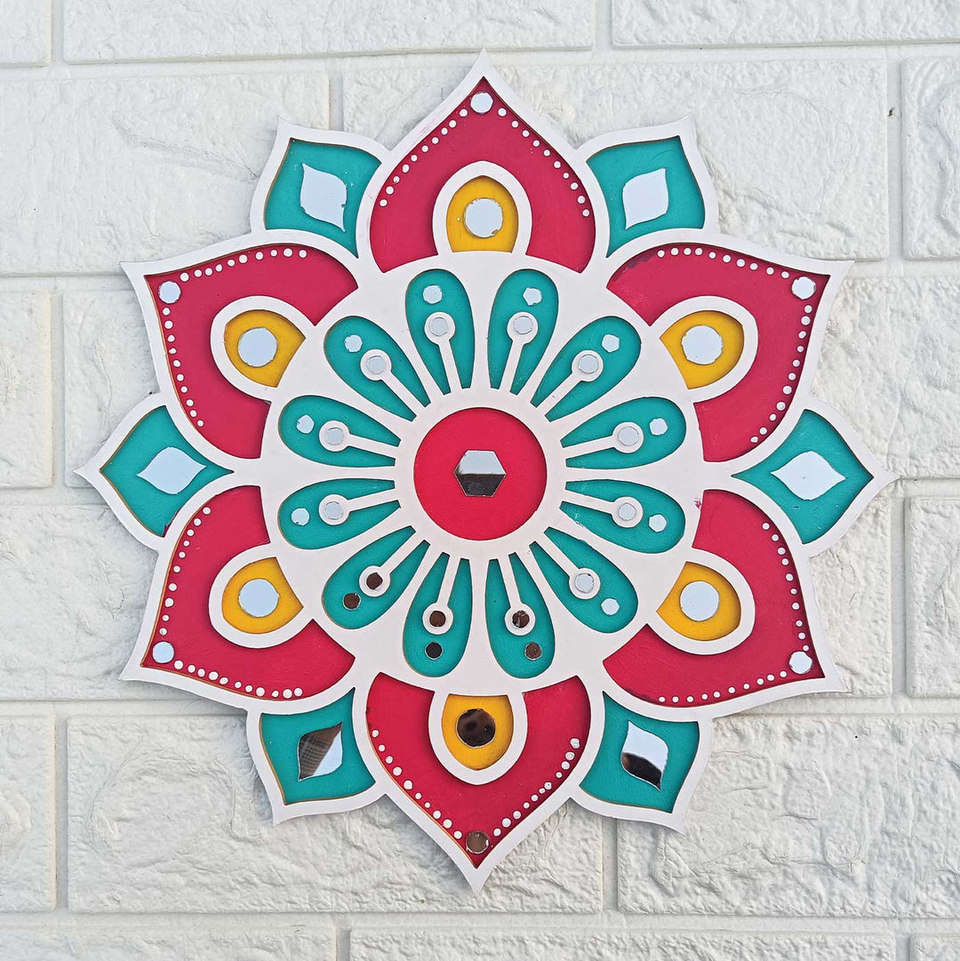 Handmade Blue & Red Mirror Work Floral MDF Rangoli