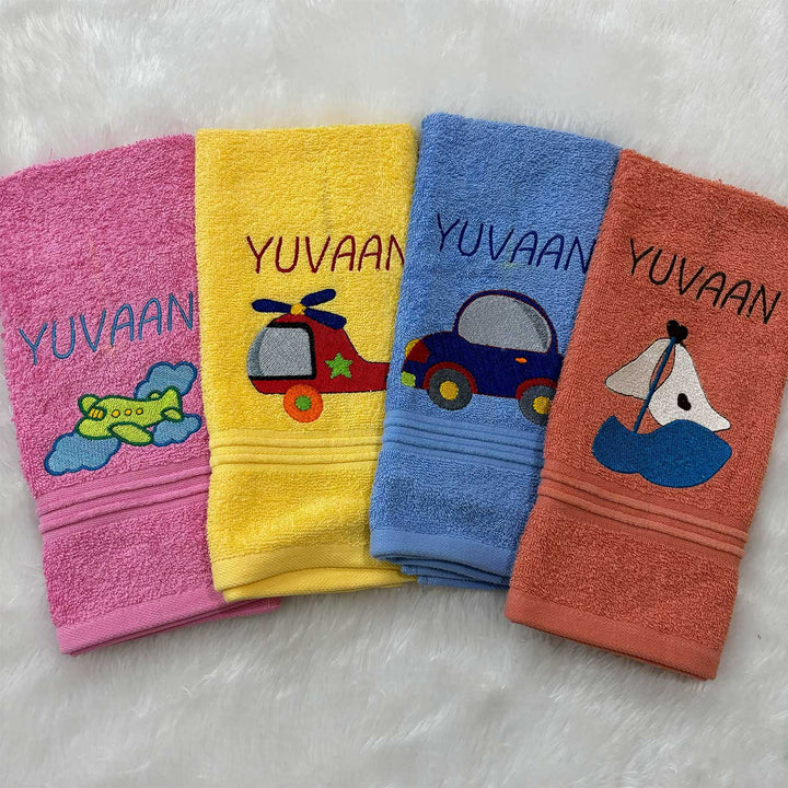 Personalized Embroidered Modes Of Transport Theme Cotton Hand Towel | Set Of 4