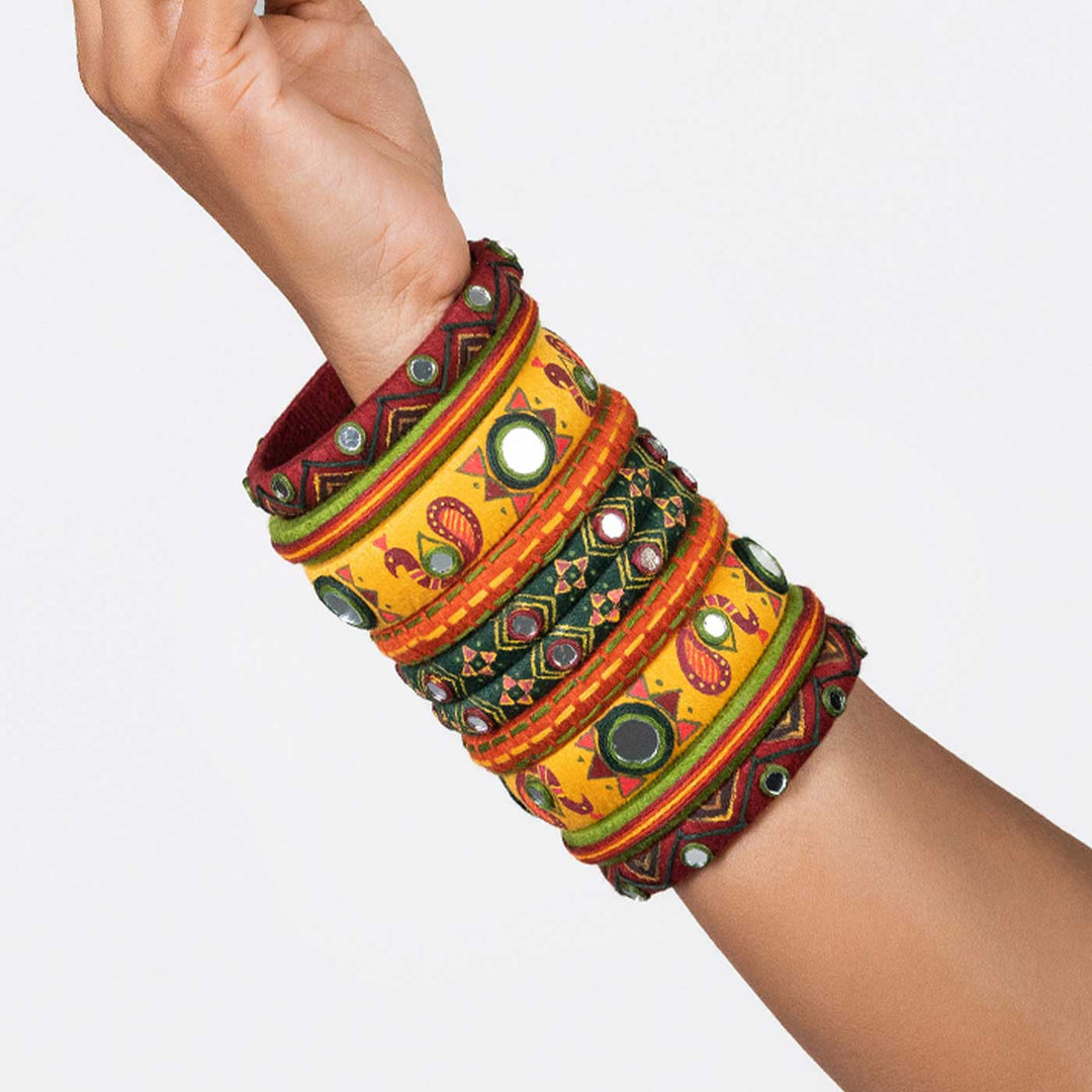 Yellow & Maroon Handcrafted Malika Peacock Bangles | Set of 10