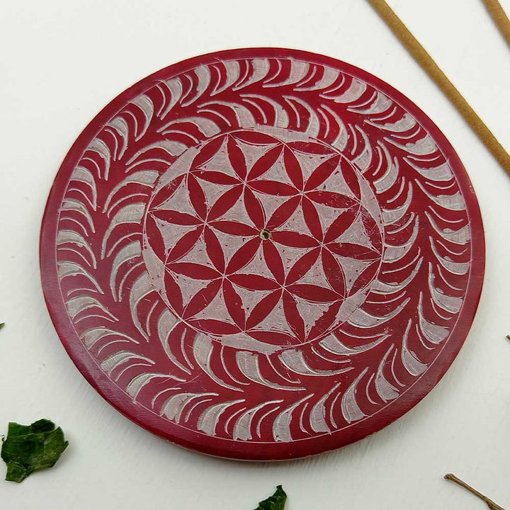 Handmade Red Hawaan Flowers Of Life Soapstone Incense Stick Holder | Set of 2