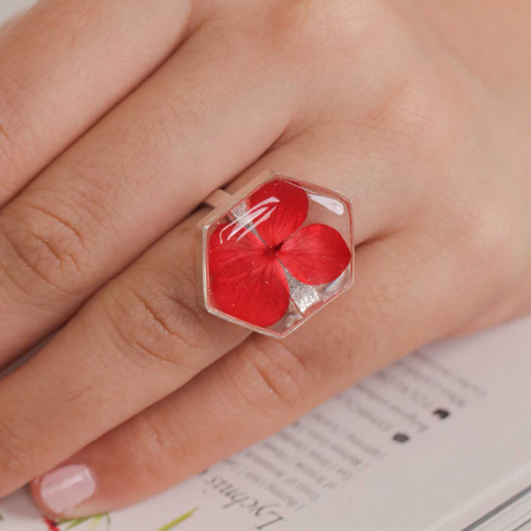 Handmade Red Preserved Flower Brass Ring