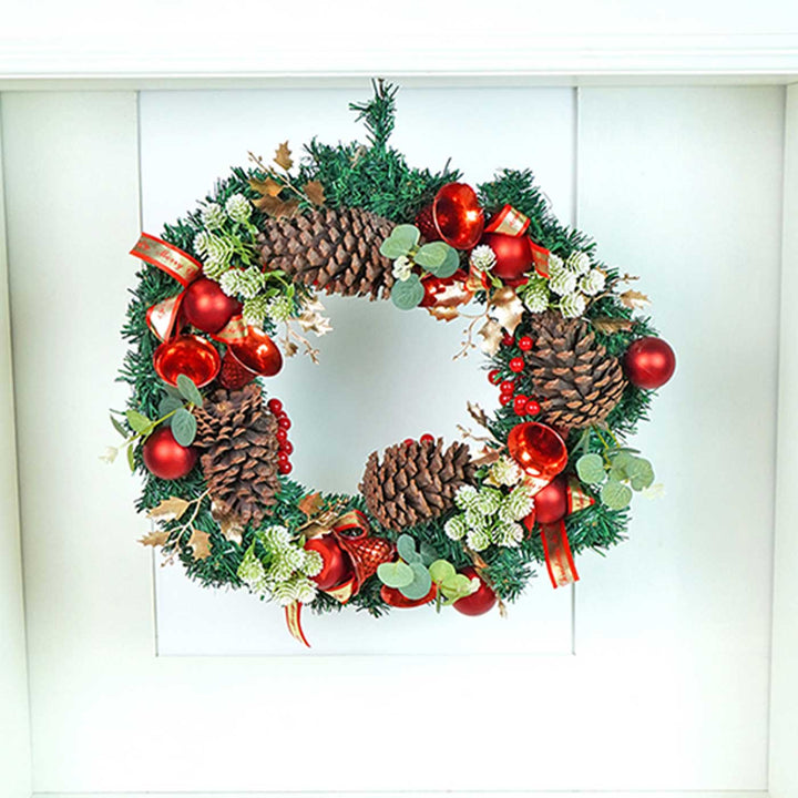 Dark Green Wooden Pinecone Bells Wreath For Christmas Wall Decoration