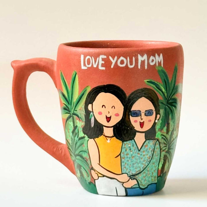 Handpainted Personalised 3D Terracotta Mug With Caricatures And Background