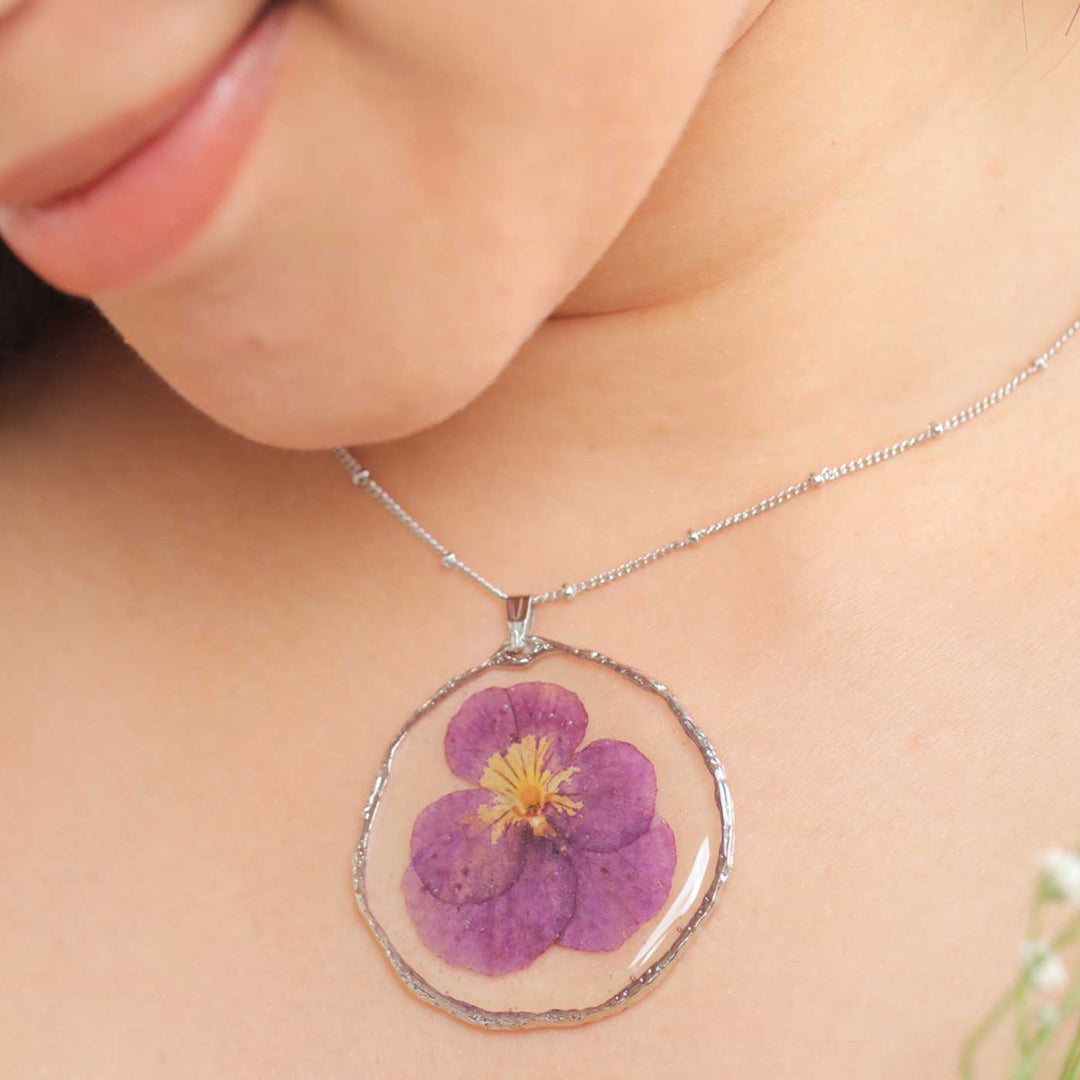 Handmade Preserved Flower Pansy Medallion Brass Necklace