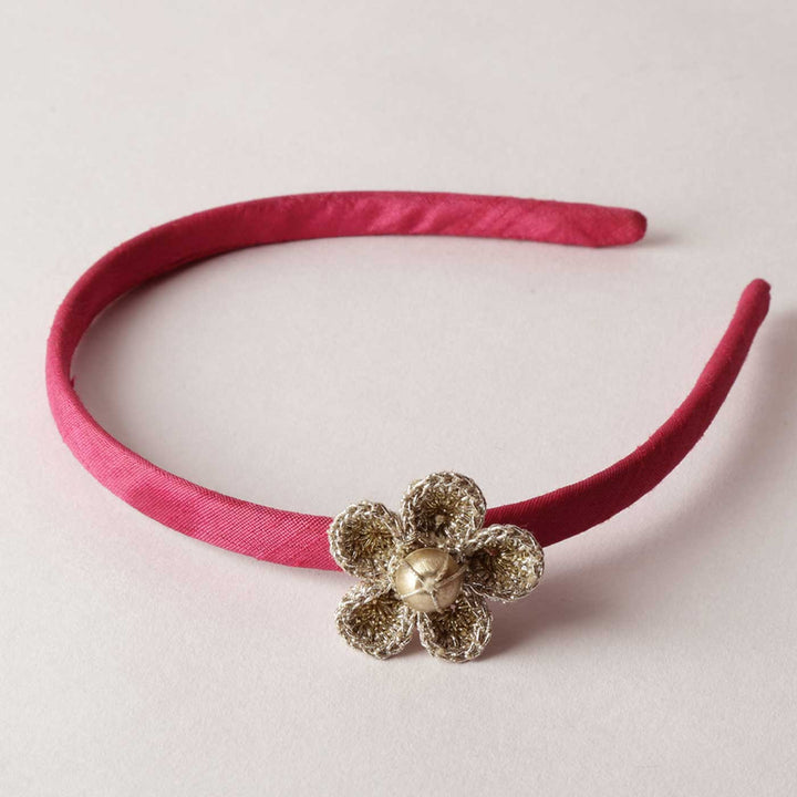 Handmade Gold Metallic Pink Crochet Flower Headband