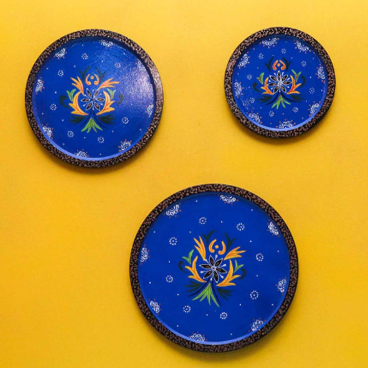 Hand-Painted Blue Ornate Wooden Wall Plate | Set Of 3