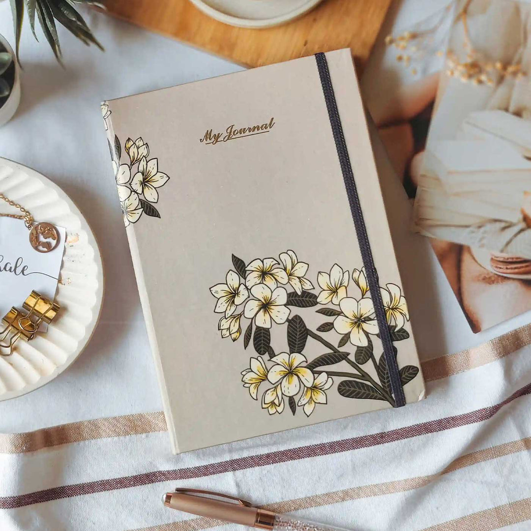 Handmade Plumeria Beige Ruled Journal | 100  Pages