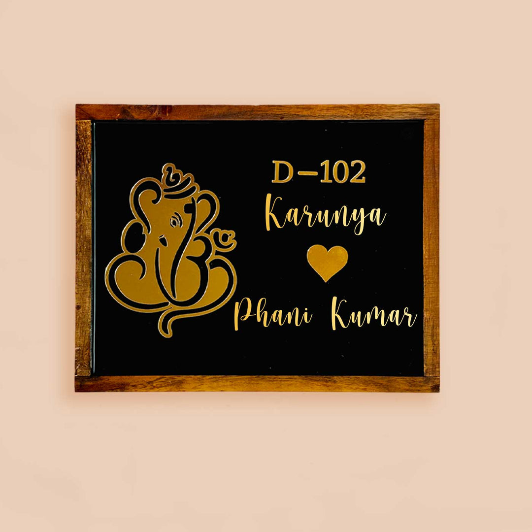 Personalized Ganesha Theme Resin Name Plate With Teak Wood Border For Couples