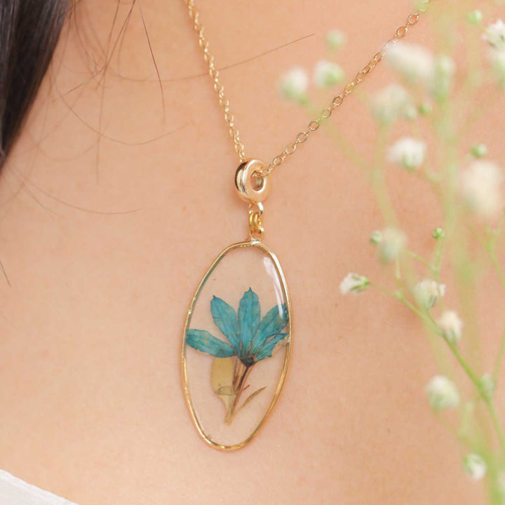 Handmade Preserved Flower Fairy Fan Elongated Brass Necklace