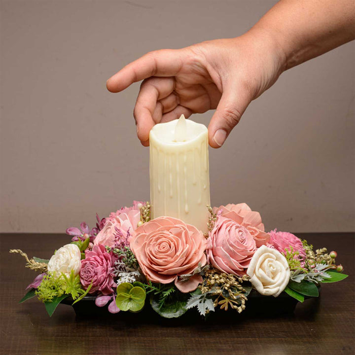 Handmade Rose Glow Shola Flower Centerpiece With Candle Holder