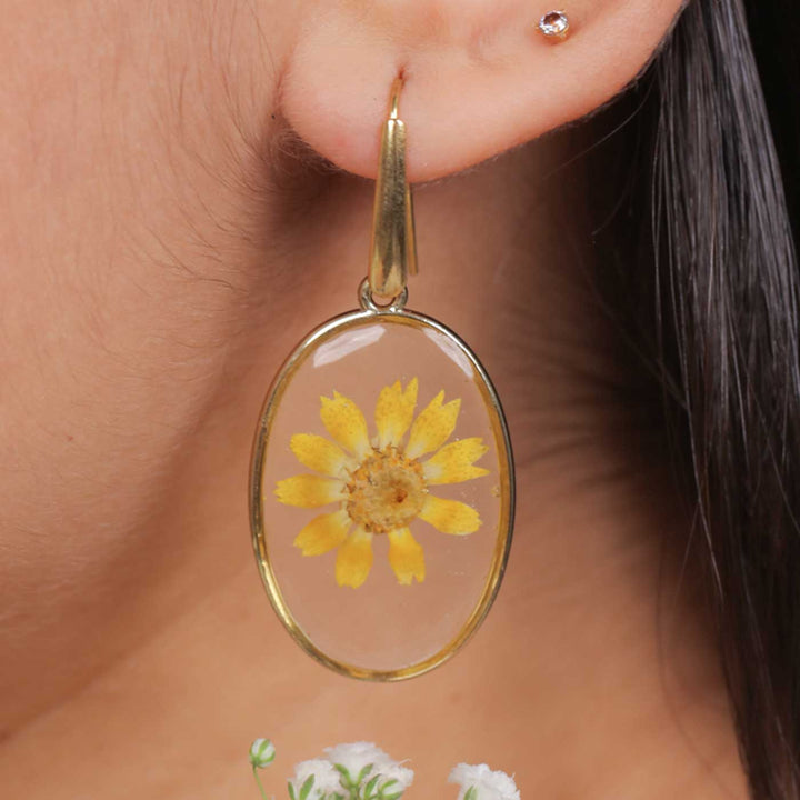 Handmade Preserved Flower Yellow Daisy Oval Brass Earrings