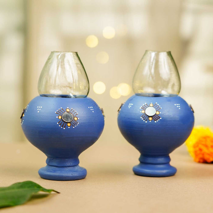 Handmade Persian Blue Terracotta Oil Lamp / Diya | Set Of 2