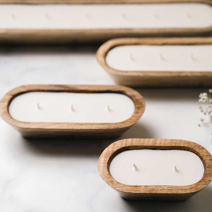 8 Inch | Handmade Wooden Boat Shaped Wax Scented Candle With Wax Flowers