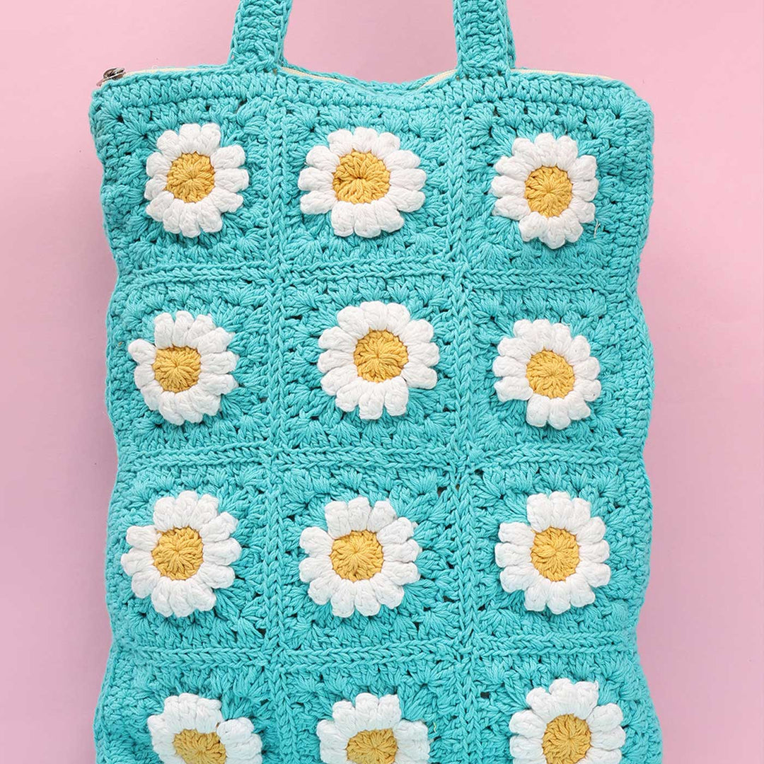 Handmade Crochet Blue Daisy Tote Bag