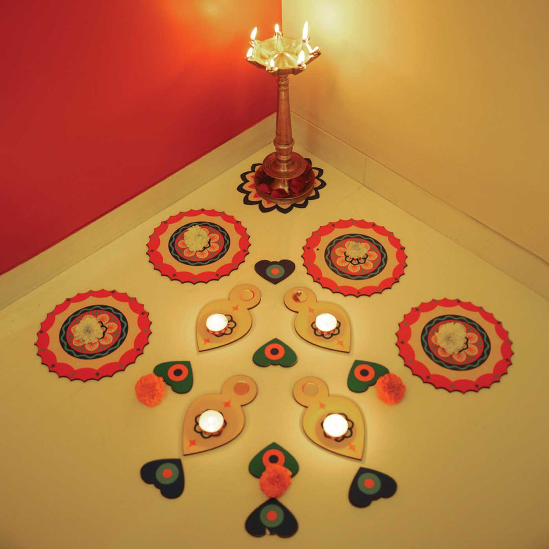 Reusable 17 Piece Bhramachakra MDF Wood Rangoli