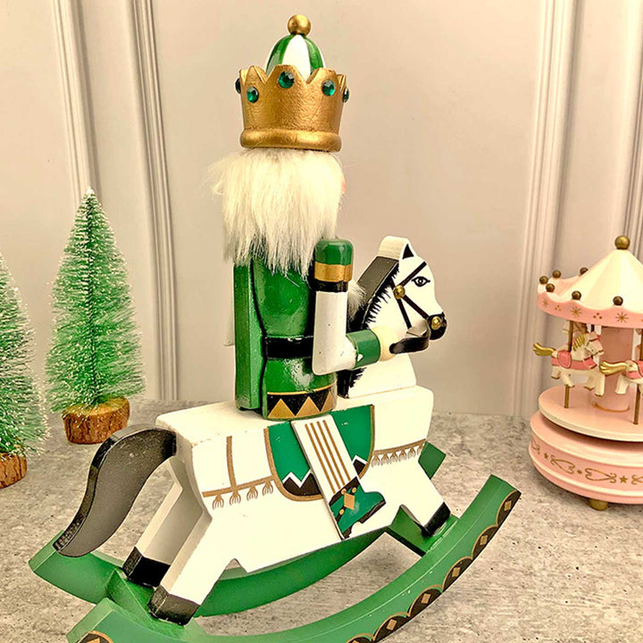 Green Rocking Horse King Nutcracker Self-Standing Wooden Decor For Christmas Table Decoration