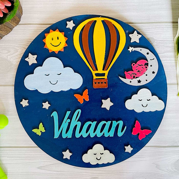 Personalized Hand-Painted Hot Air Balloon In The Sky Mdf Wood Kids Name Plate