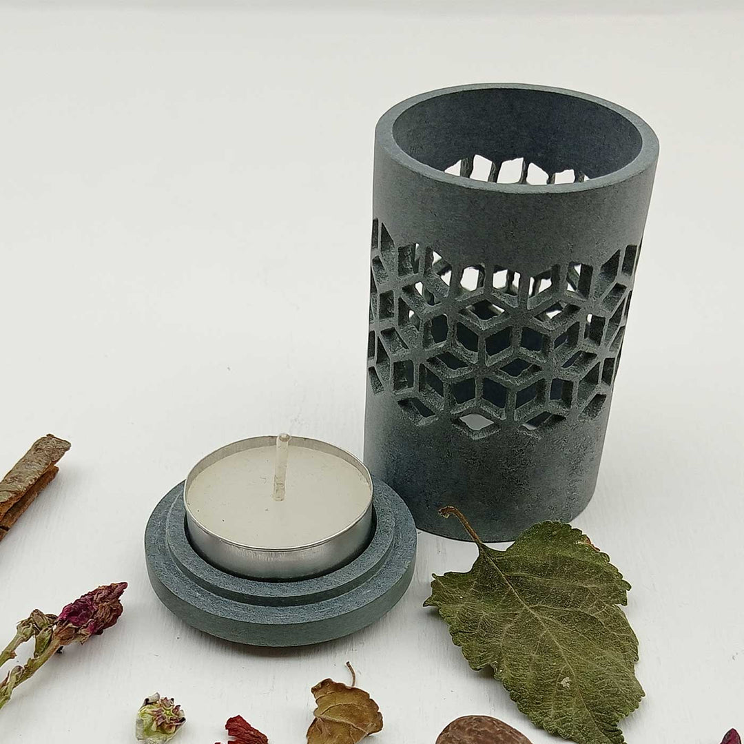 Handmade Grey Atuf Intricate Hexagonal Jaali Soapstone Tealight Holder