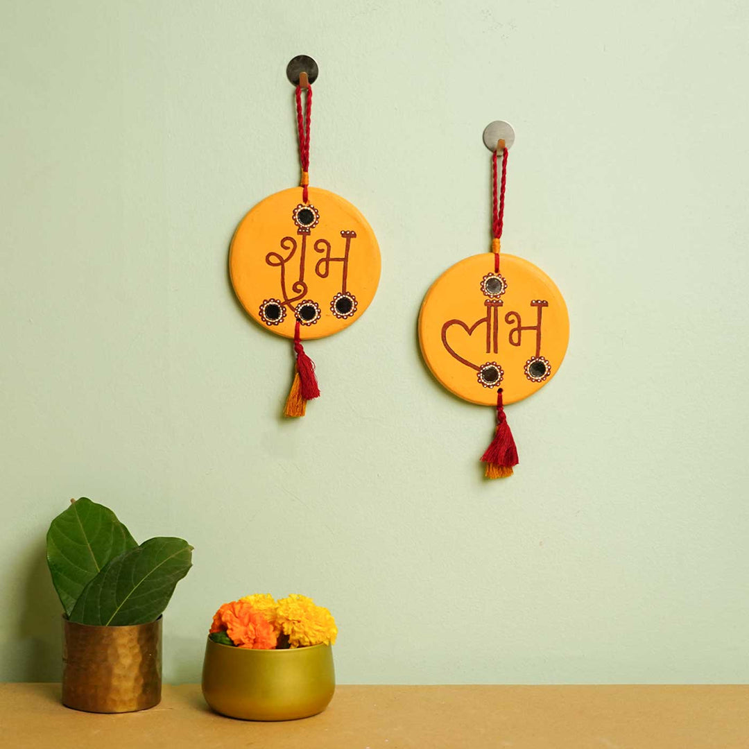 Handmade Yellow Shubh - Labh Terracotta Hanging | Set Of 2