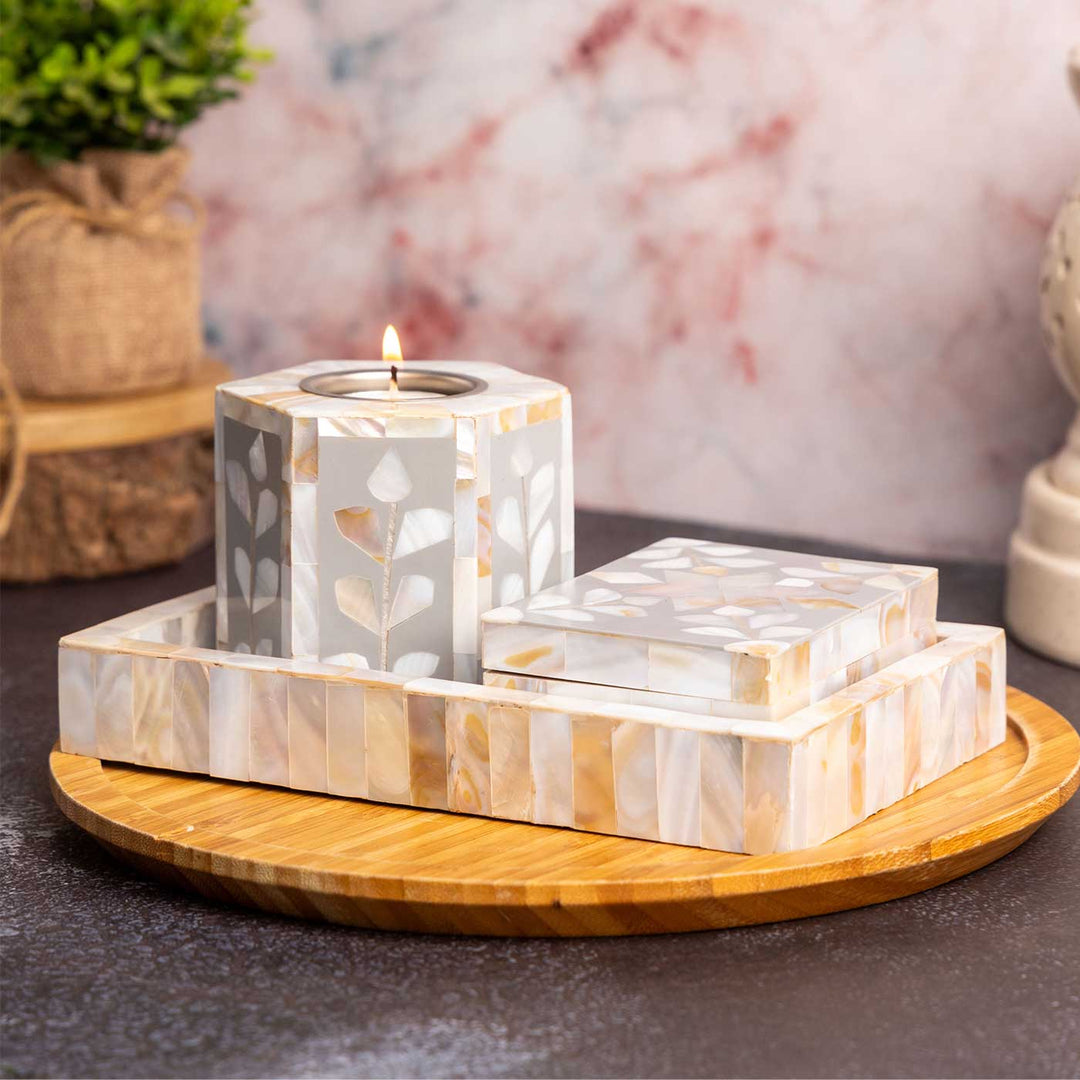 Handmade Decorative Mother Of Pearl Tealight Holder With Tray And Small Box | Set Of 3