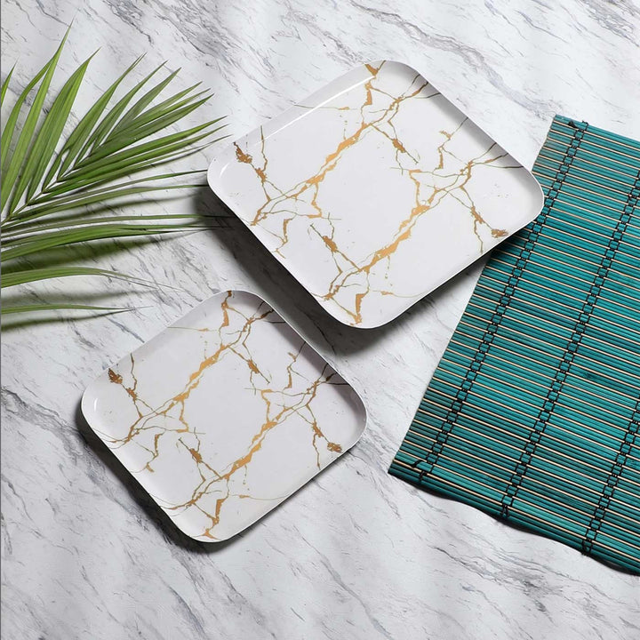 Handmade White & Gold Square Metal Platter | Set Of 2