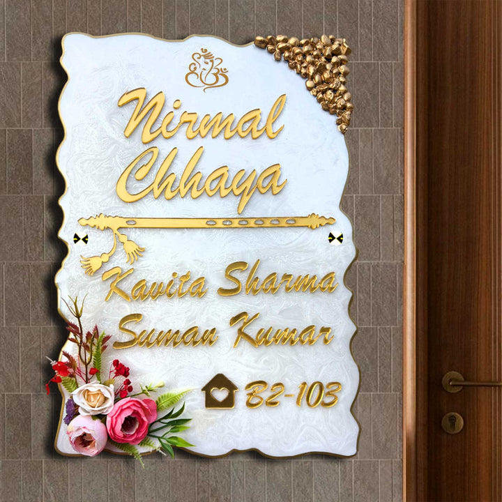 Personalized White Floral Theme Vertical Resin & Acrylic Waterproof Name Plate