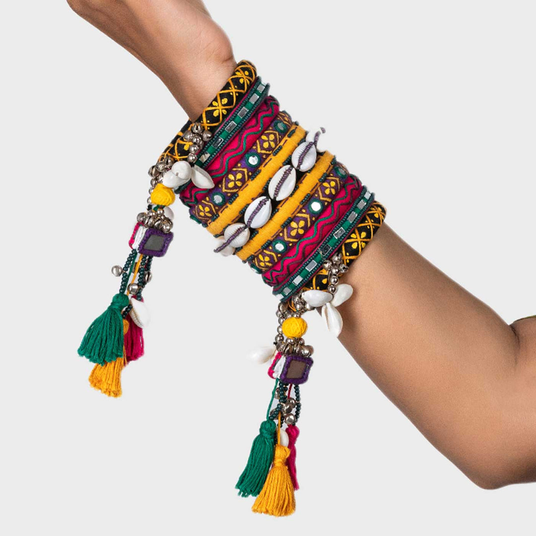 Multicolour Handcrafted Keya Shells Embroidery Tassel Bangles | Set of 11