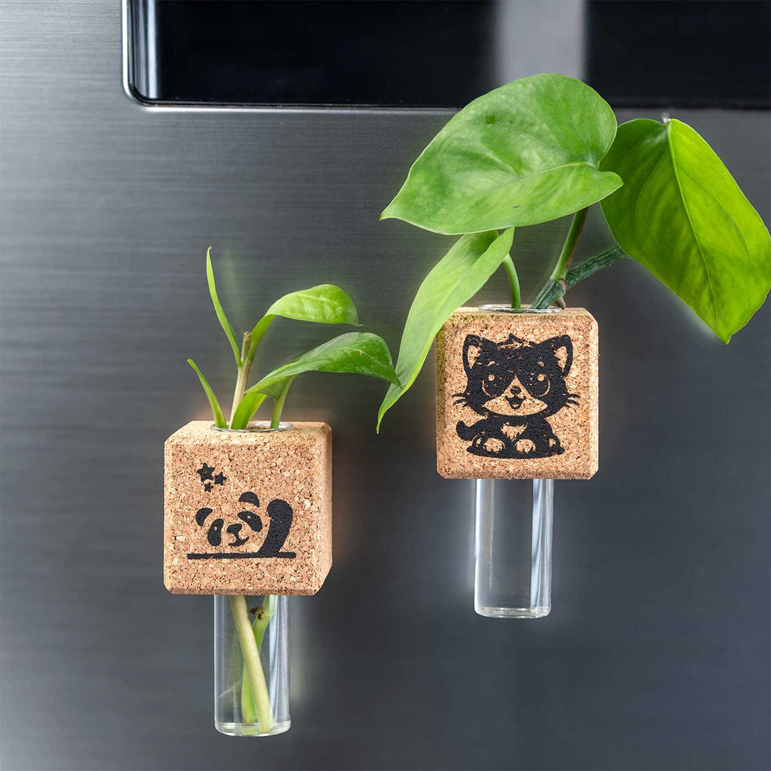 Handmade Cute Cat And Panda Fridge Magnet Cork Planter | Set Of 2