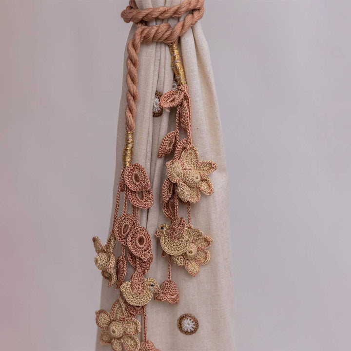 Handmade Kono Beige Flowers & Birds Curtain Tie Backs | Set of 2