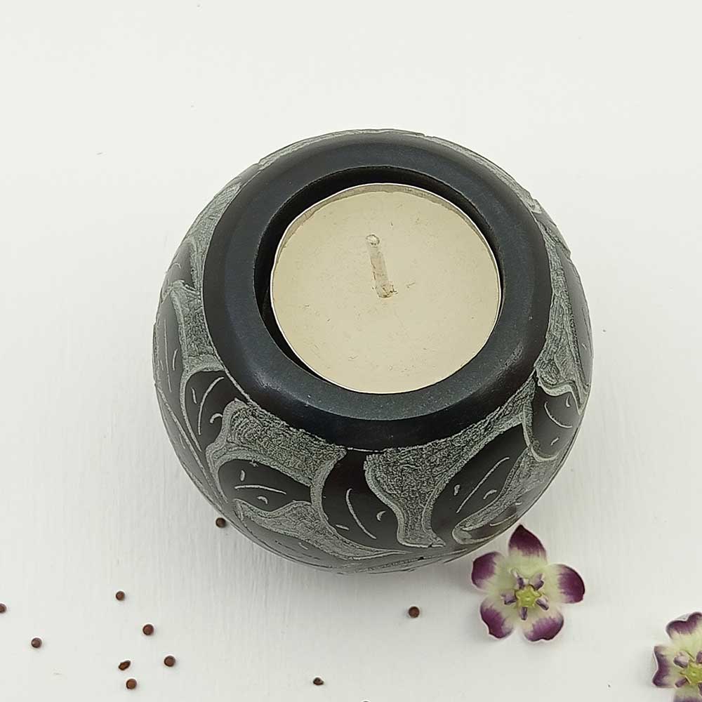 Handmade Black Mutaal Round Shape Candle Holder | Set of 2