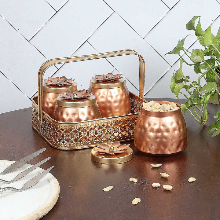 Handmade Basket With Metal Jars | Set Of 5