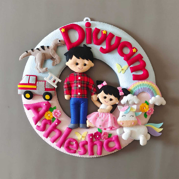 Hand-stitched Hobby Themed Round Felt Kids Name Plate for Siblings