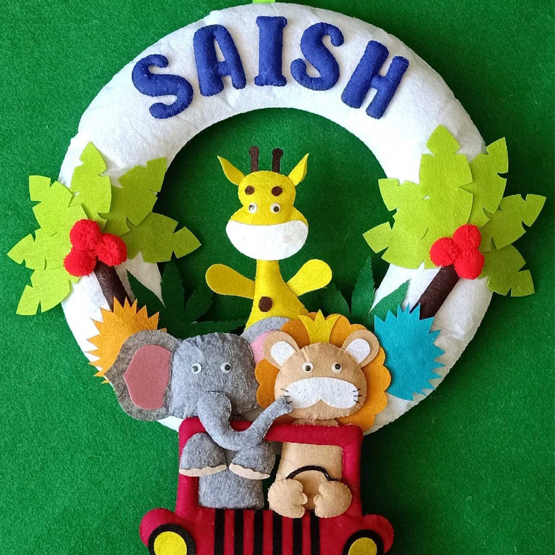 Personalized Handmade Jungle on Wheels Felt Kids Name Plate