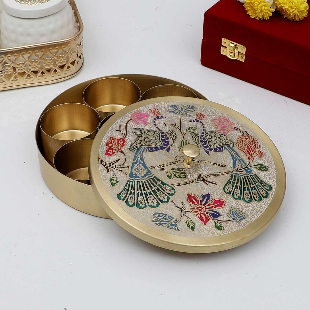 Handmade Round Peacock Brass Masala Box | Set Of 9