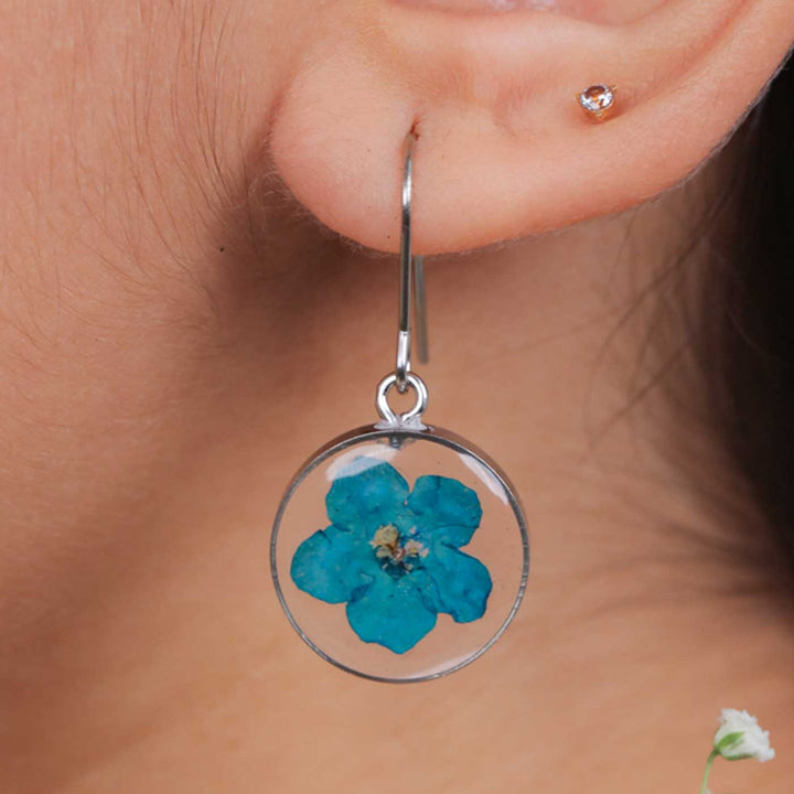 Handmade Preserved Flower Blue Dainty Forget Me Not Brass Earrings