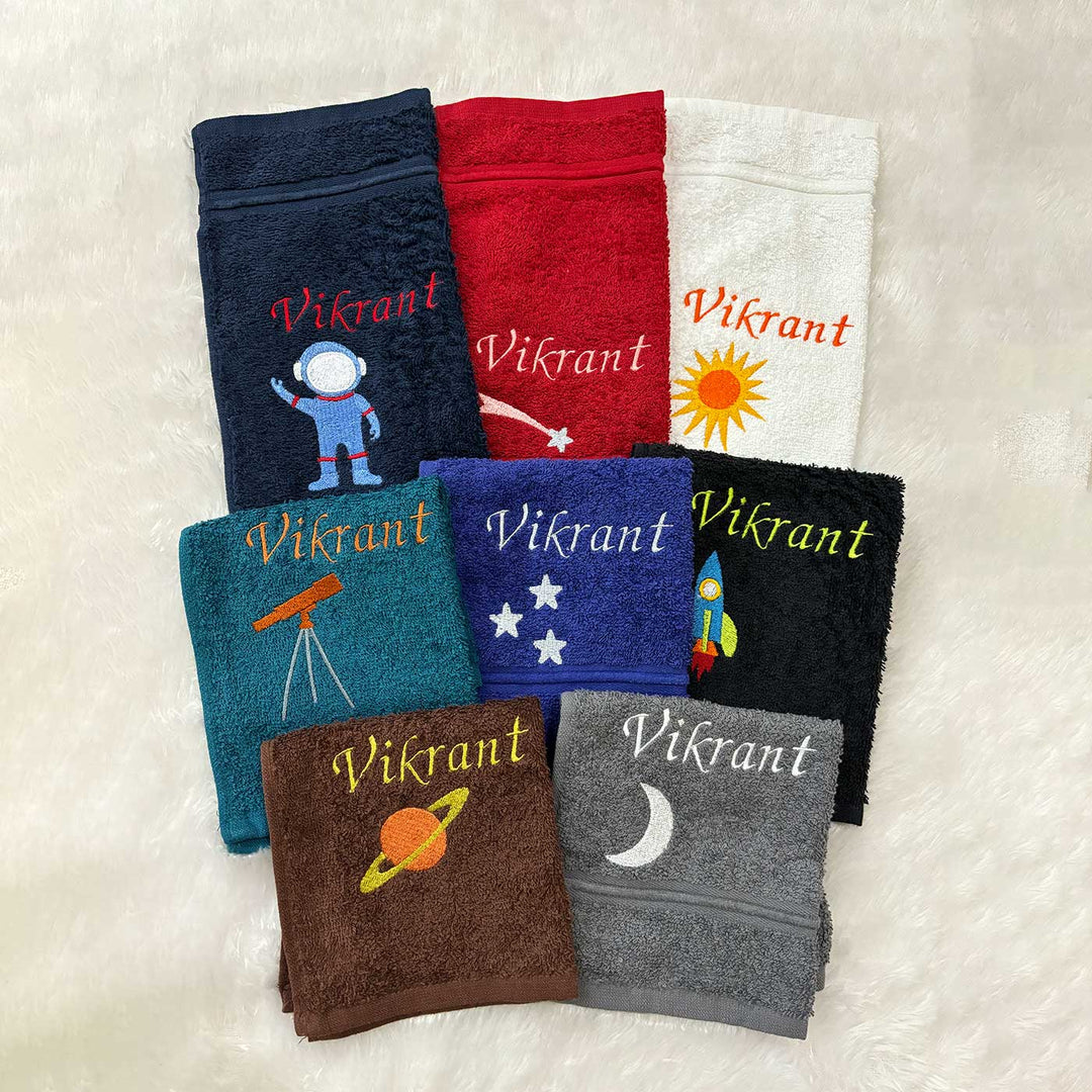 Personalized Embroidered Space Theme Cotton Hand Towel | Set Of 8