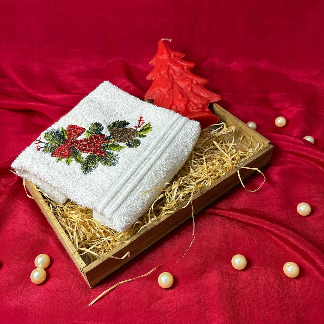 Personalized Pine & Bow Embroidered Towel & Candle Hamper | Secret Santa Gift Ideas | Set Of 3