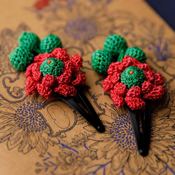 Handmade Red Loopy Teardrop Flower Hair Clips | Set of 2