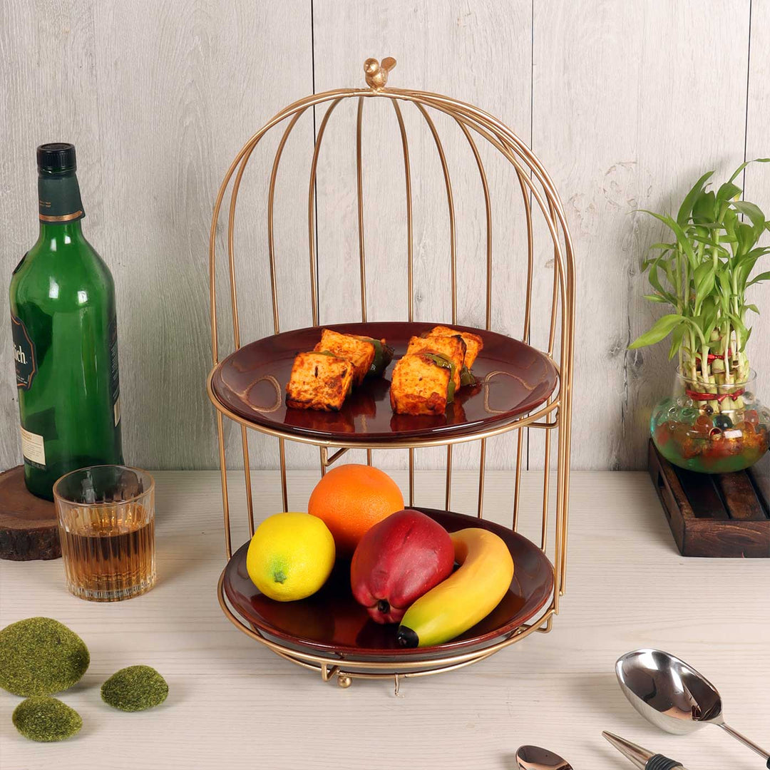 Handmade Two Layer Cage Shaped Platter With Maroon Plates | Set Of 3