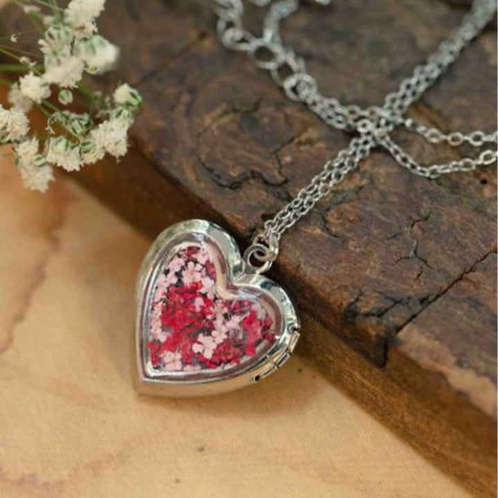 Photo Personalized Heart Shaped Pink & Red Preserved Flower Brass Necklace With Locket