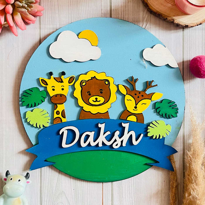 Personalized Hand-Painted Jungle Themed Blue Color Mdf Wood Kids Name Plate