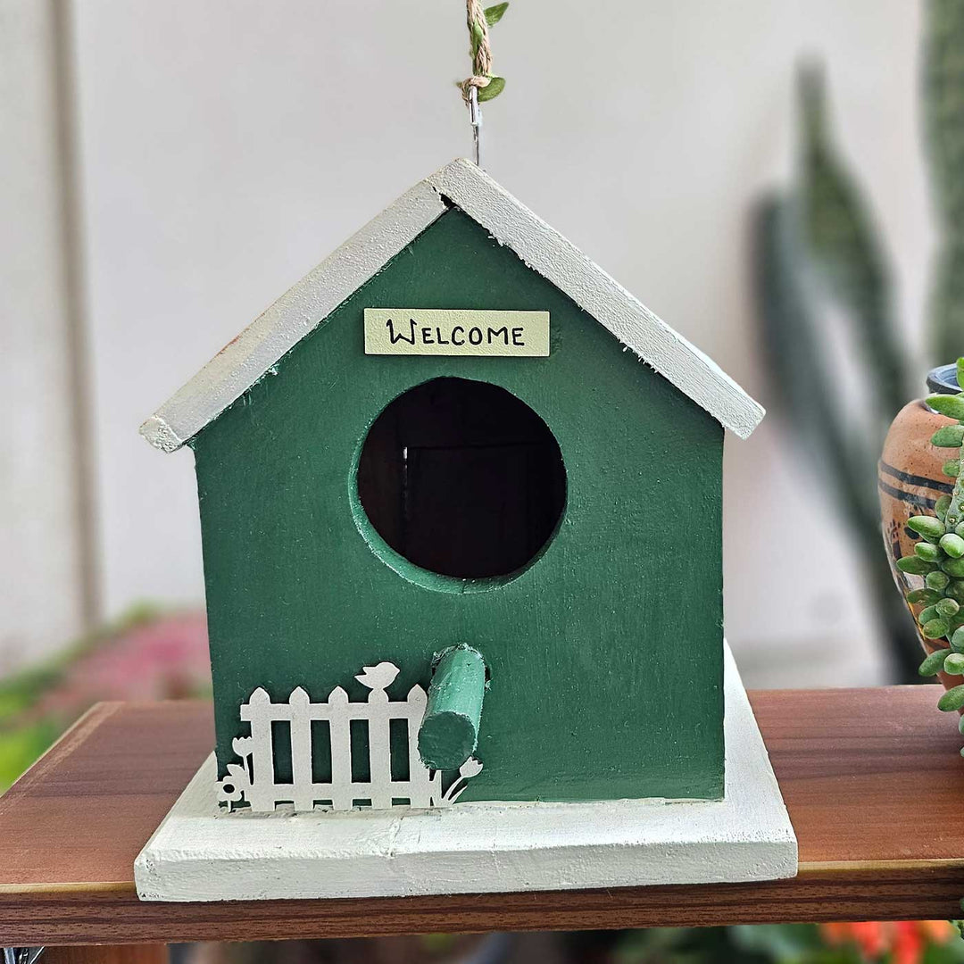 Hand-Painted Green & White Bird House