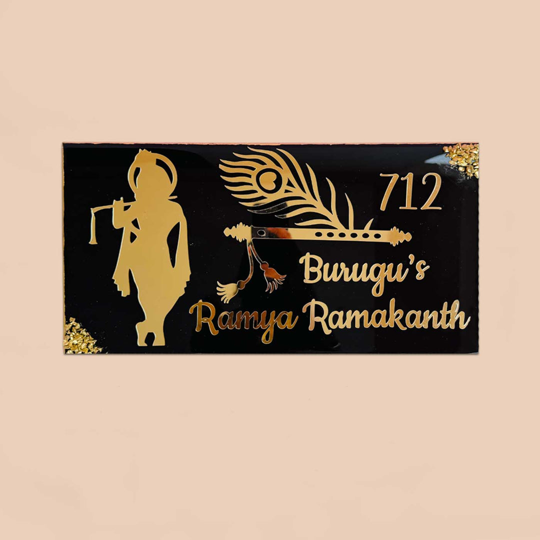 Personalized Black & Gold Krishna Theme Resin Name Plate For Family