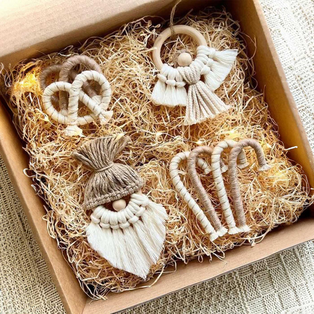 Handmade Macrame Beige & White Christmas Ornaments | Set Of 8