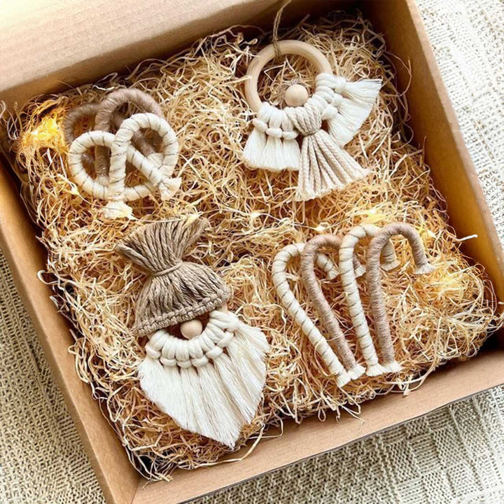 Handmade Macrame Beige & White Christmas Ornaments | Set Of 8