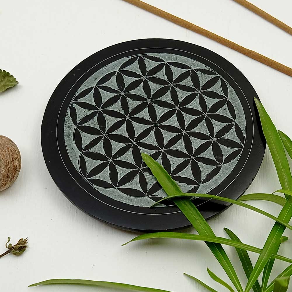 Handmade Black Faiza Flowers Of Life Soapstone Incense Stick Holder | Set of 2