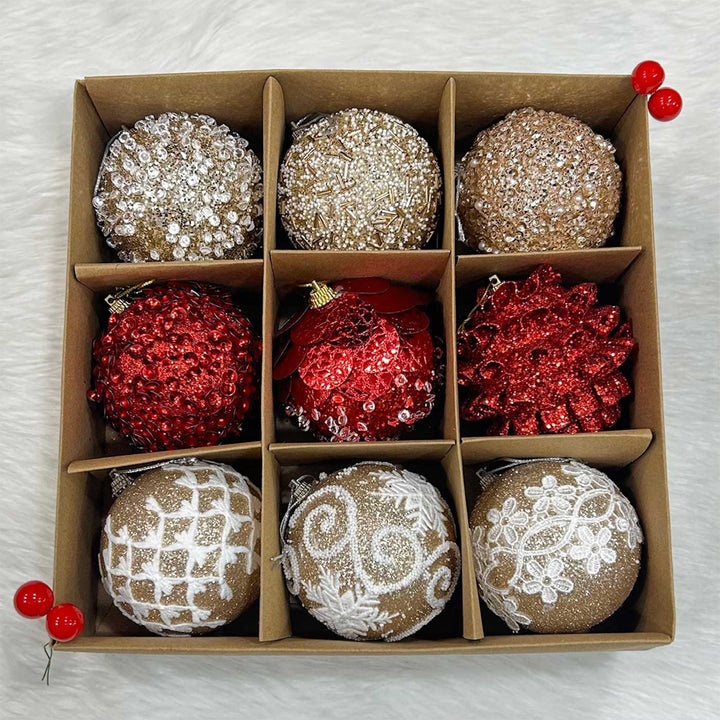 Handmade Gold & Red Shimmer Embellished Chirstmas Ball Ornaments For Decoration | Set Of 9