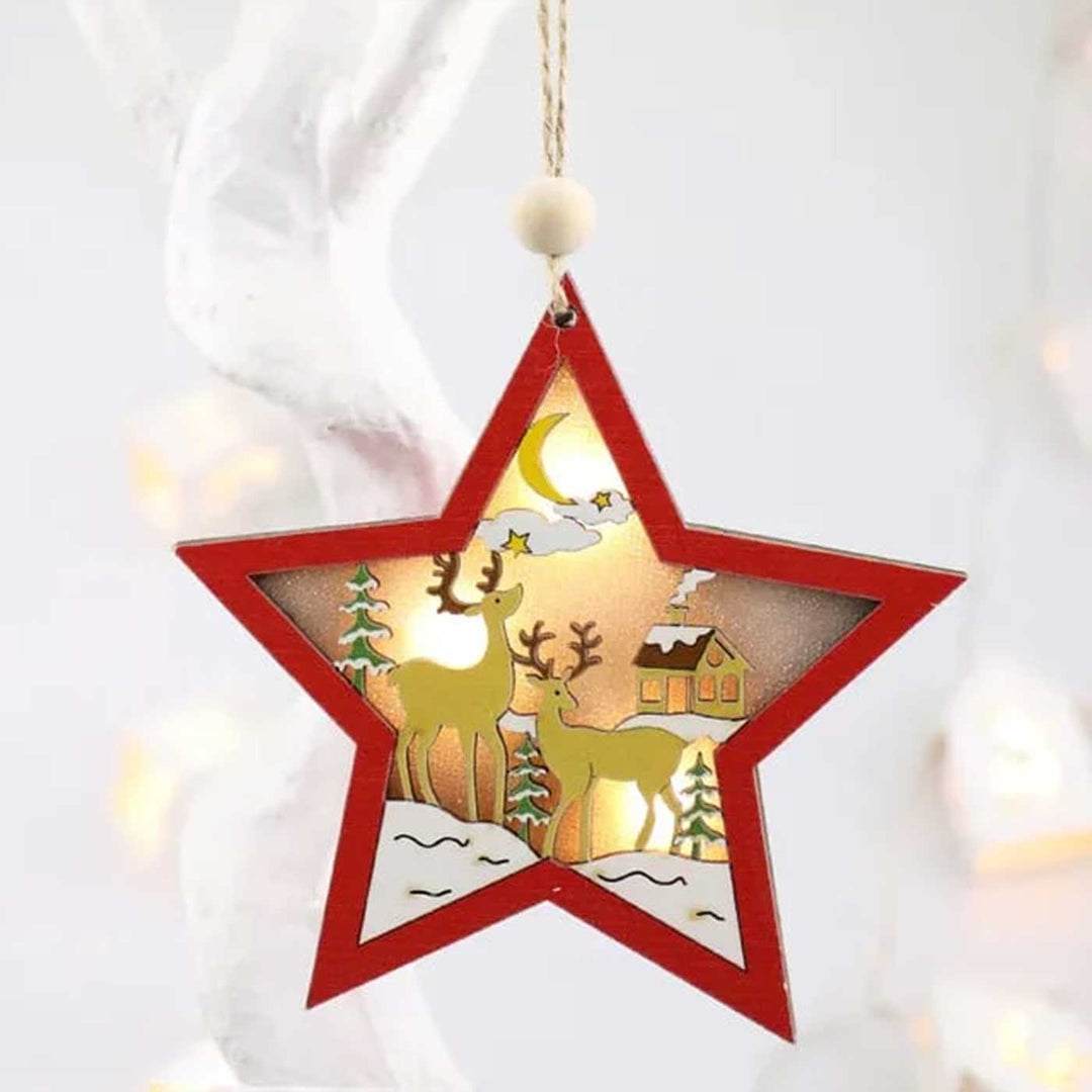 Handmade Starlight Snow Wooden Ornaments With Lights For Christmas Tree Decoration