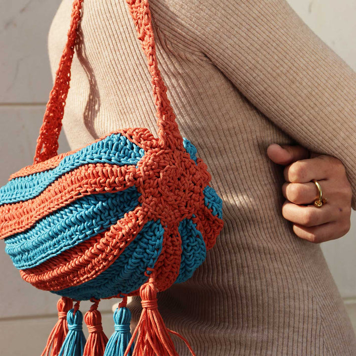 Handmade Crochet Orange & Blue Duffel Sling Bag